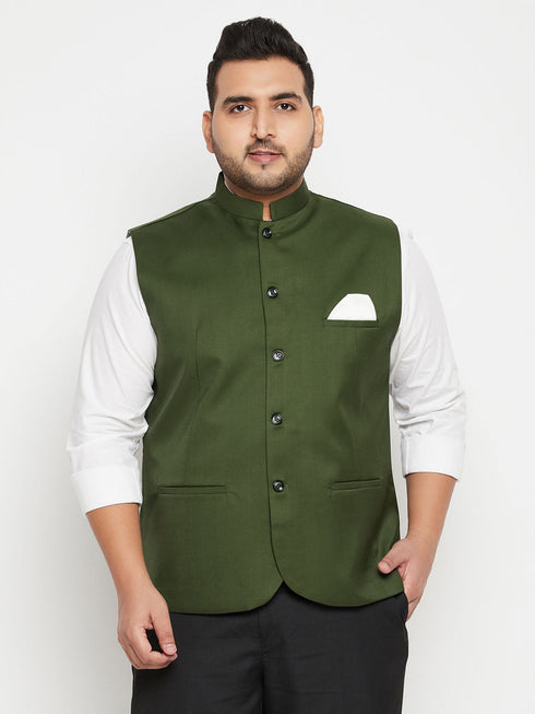 Vastramay Men's Plus Size Green Cotton Blend Nehru Jacket